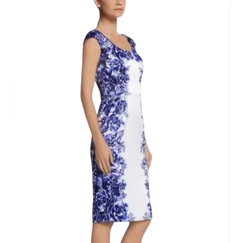 White House Black Market Blue White Satin Floral Rose Sheath Dress NWT Size 8P